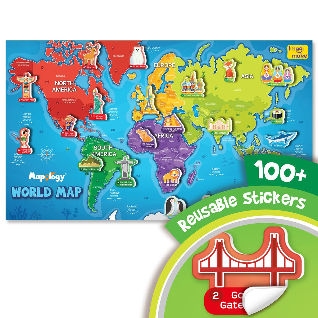 World Map Wall Chart with Reusable Stickers