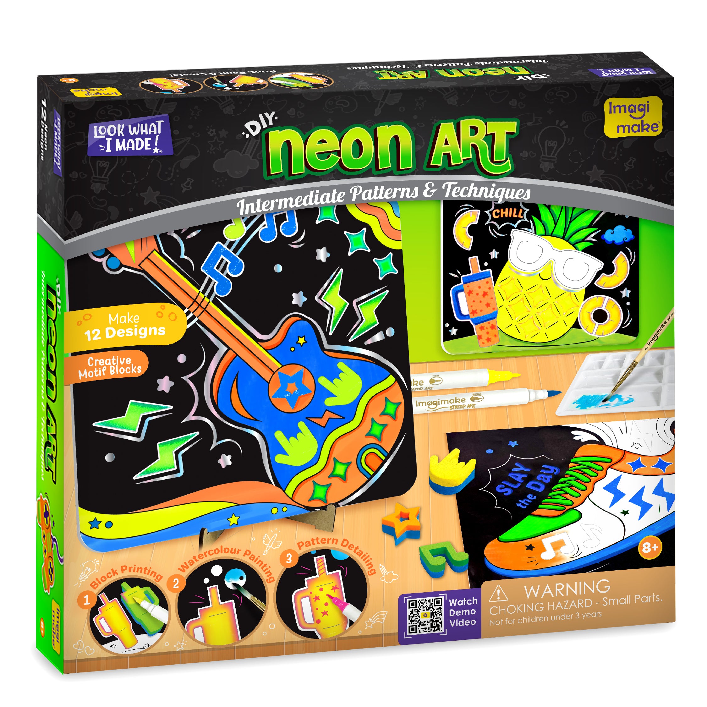 Neon Art Kit |Painting & Coloring Kit with Neon Brush Pens & Stamps| Mess Free Art & Craft kit for Kids 8-12 | Gift for Girls & Boys Ages 8,9,10,11,12 (UV Light Not Included)