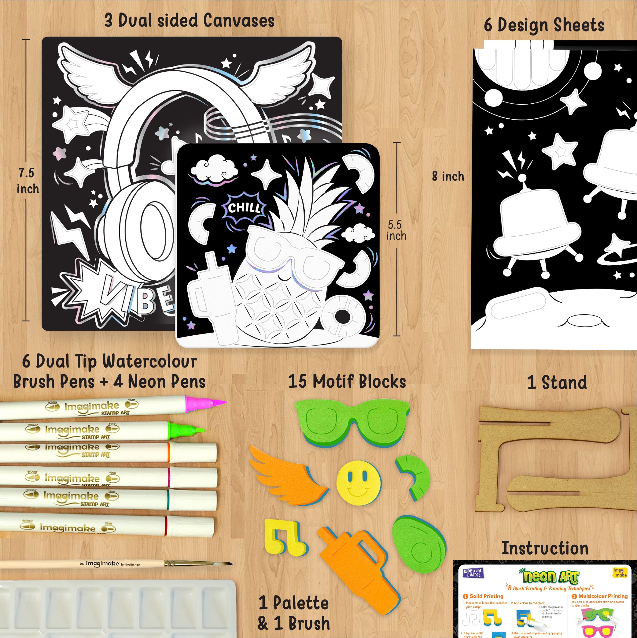 Neon Art Kit |Painting & Coloring Kit with Neon Brush Pens & Stamps| Mess Free Art & Craft kit for Kids 8-12 | Gift for Girls & Boys Ages 8,9,10,11,12 (UV Light Not Included)