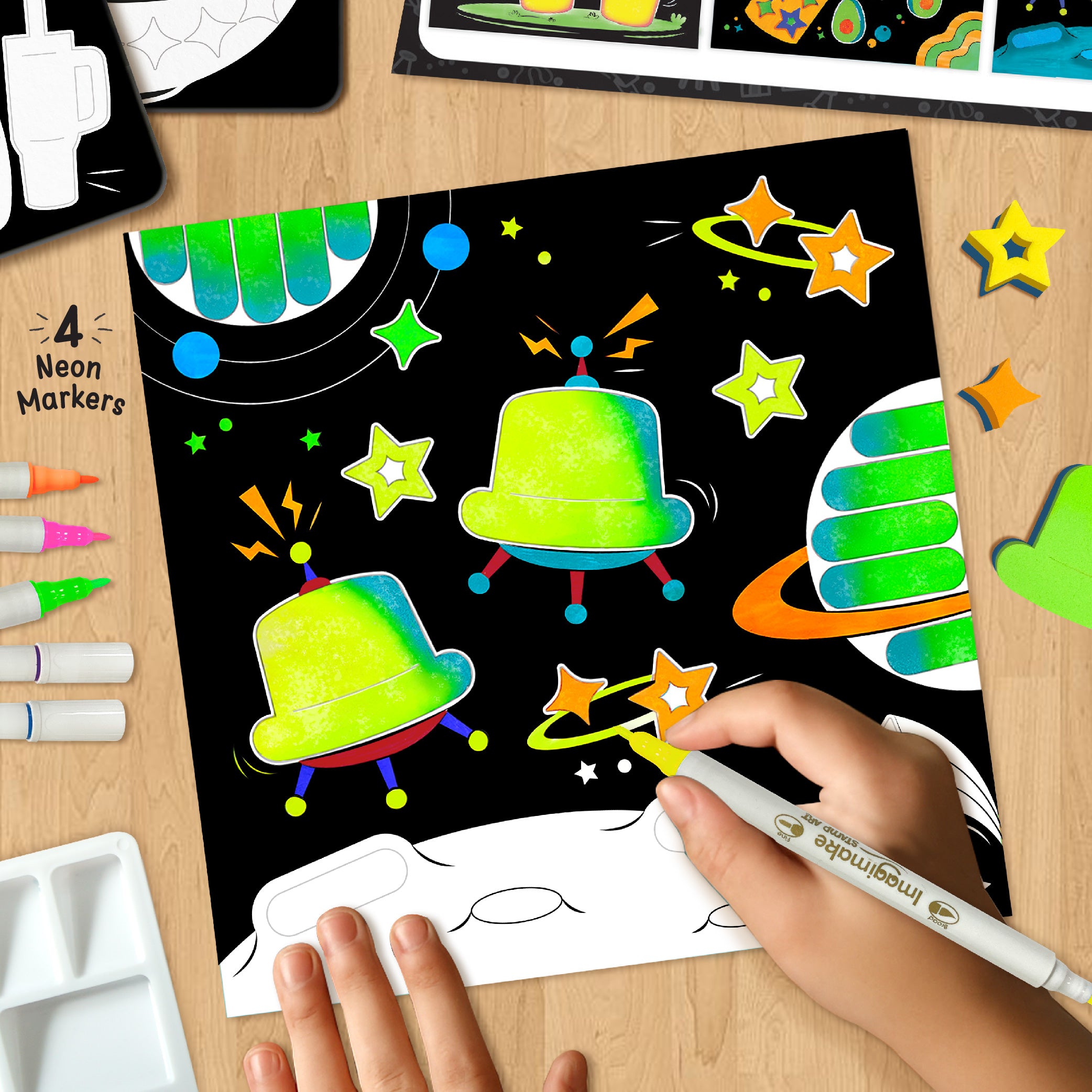 Neon Art Kit |Painting & Coloring Kit with Neon Brush Pens & Stamps| Mess Free Art & Craft kit for Kids 8-12 | Gift for Girls & Boys Ages 8,9,10,11,12 (UV Light Not Included)