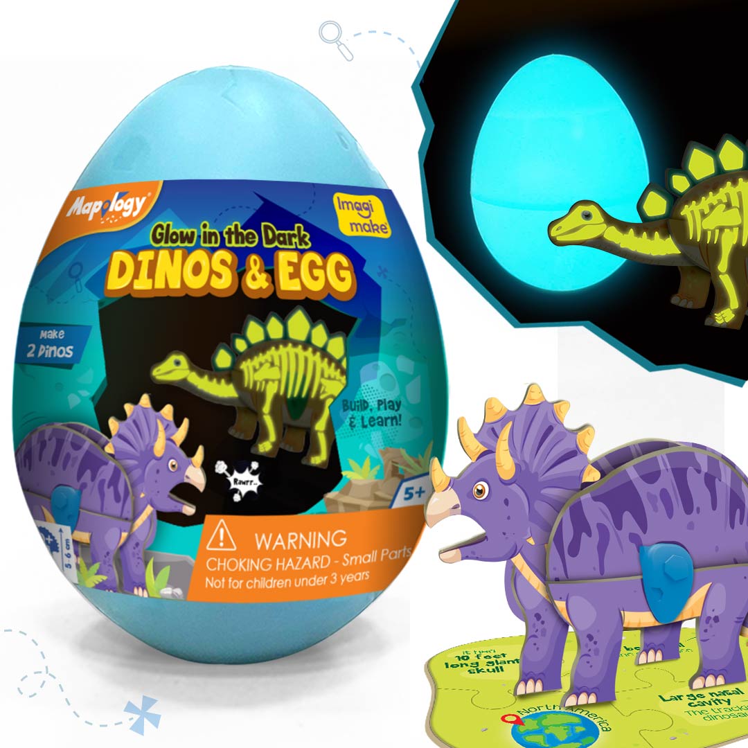 Glow in The Dark Dinosaur Figure Set & Egg - Blue |3D Dinosaur Puzzle for Kids | Build and Play with Glowing Dinosaur Toys | Birthday and Return Gifts for Kids Ages 5,6,7,8,9