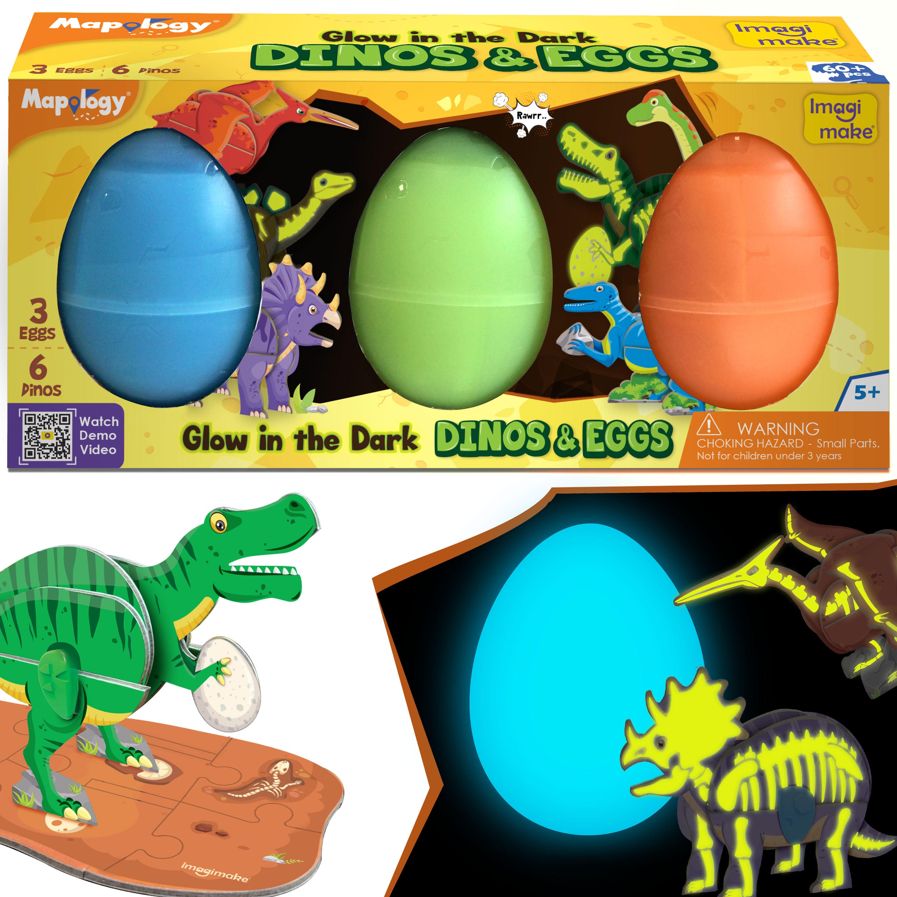 Glow In The Dark Dinos & Egg - Set Of 3 Eggs |3D Dinosaur Puzzle For Kids | Build And Play With Glowing Dinosaur Toys | Birthday And Return Gifts For Kids Ages 5,6,7,8,9,Multicolor