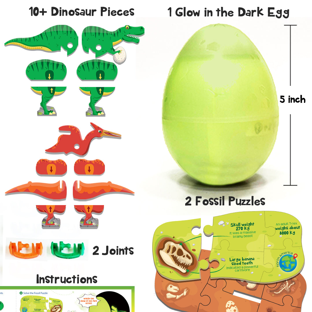 Glow in The Dark Dinos & Egg Green |3D Dinosaur Puzzle for Kids | Build and Play with Glowing Dinosaur Toys | Birthday and Return Gifts for Kids Ages 5,6,7,8,9