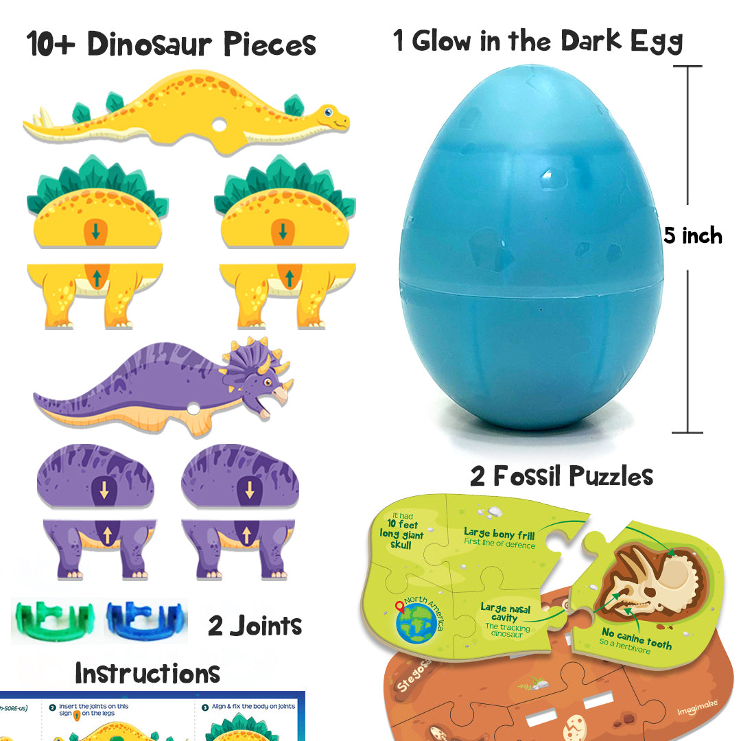 Glow in The Dark Dinosaur Figure Set & Egg - Blue |3D Dinosaur Puzzle for Kids | Build and Play with Glowing Dinosaur Toys | Birthday and Return Gifts for Kids Ages 5,6,7,8,9