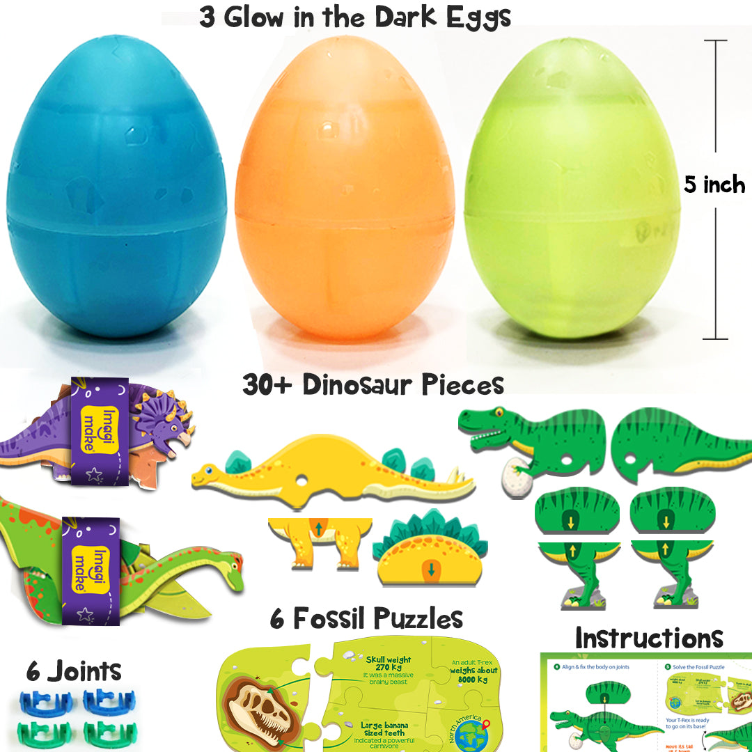 Glow In The Dark Dinos & Egg - Set Of 3 Eggs |3D Dinosaur Puzzle For Kids | Build And Play With Glowing Dinosaur Toys | Birthday And Return Gifts For Kids Ages 5,6,7,8,9,Multicolor