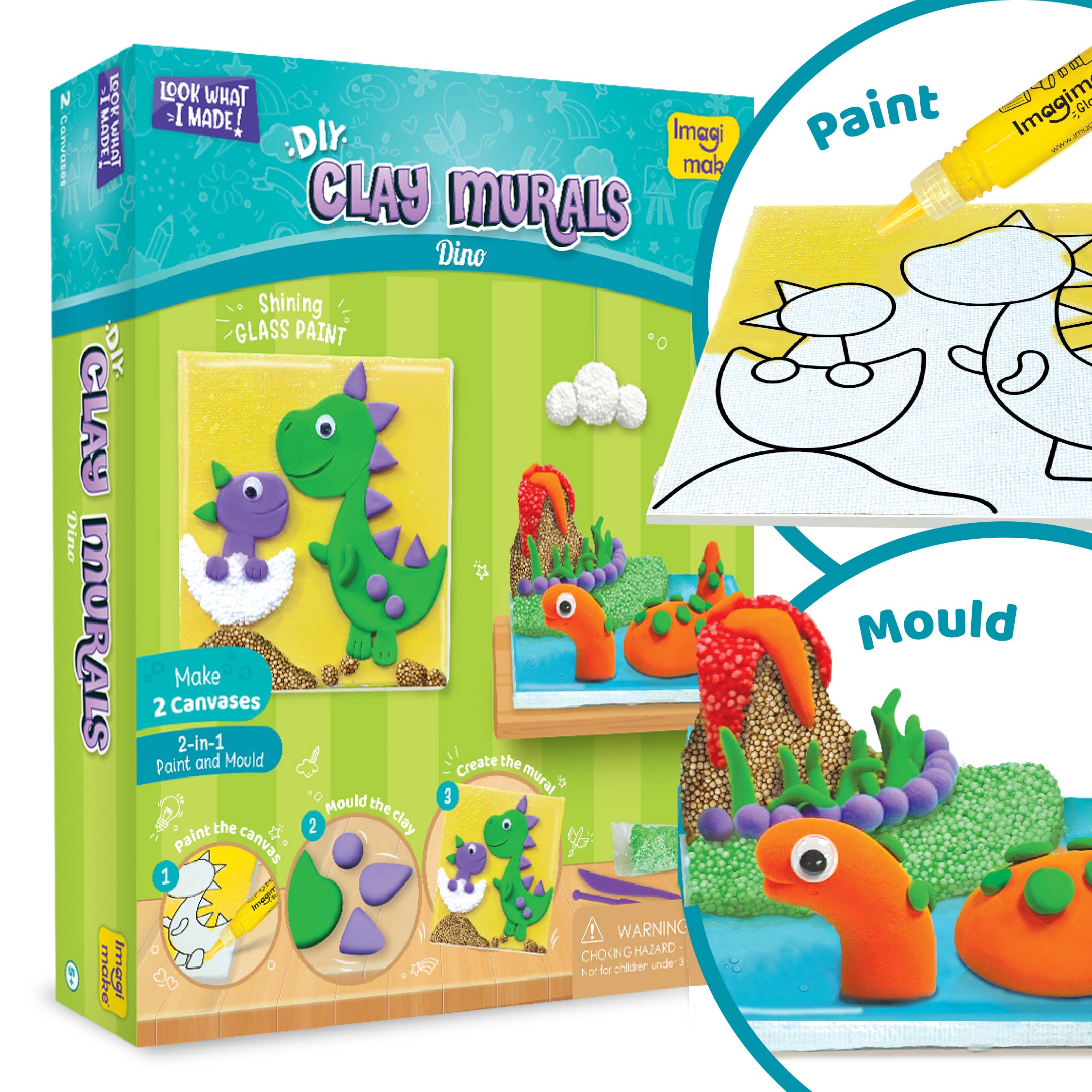 Clay Murals Dino - Modeling Clay for Kids - Arts and Crafts for Kids Ages 6-8 - Air Dry Clay for Kids - Gifts for 5, 6, 7, 8 Year Old Boys & Girls - Includes Glass Paint for Kids