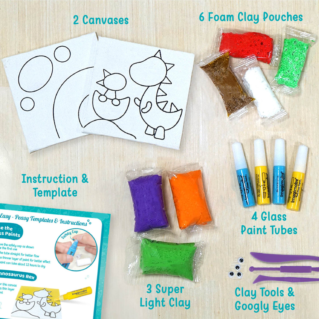 Clay Murals Dino - Modeling Clay for Kids - Arts and Crafts for Kids Ages 6-8 - Air Dry Clay for Kids - Gifts for 5, 6, 7, 8 Year Old Boys & Girls - Includes Glass Paint for Kids