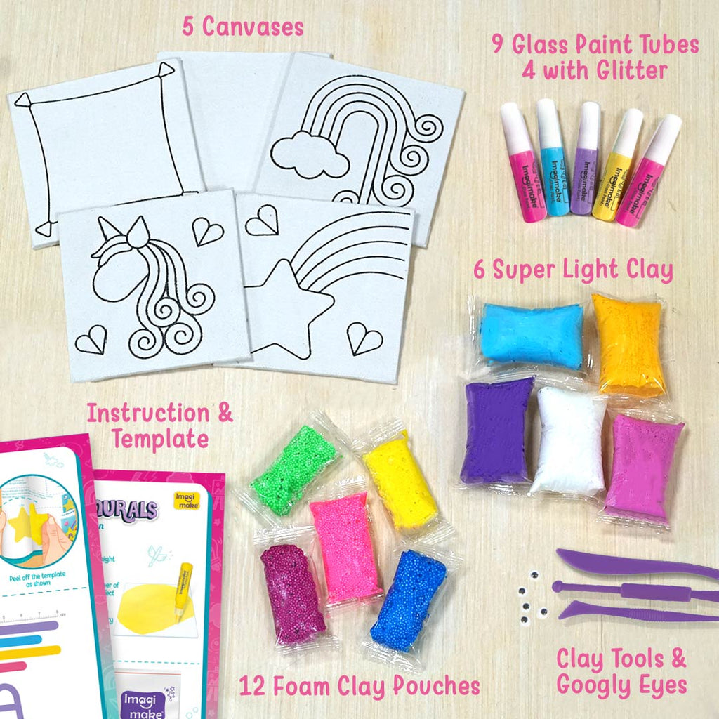 Clay Murals -Unicorn - Modelling Clay & Glass Paint - 5 Designs - Art & Craft Kit - Age 5 Years+